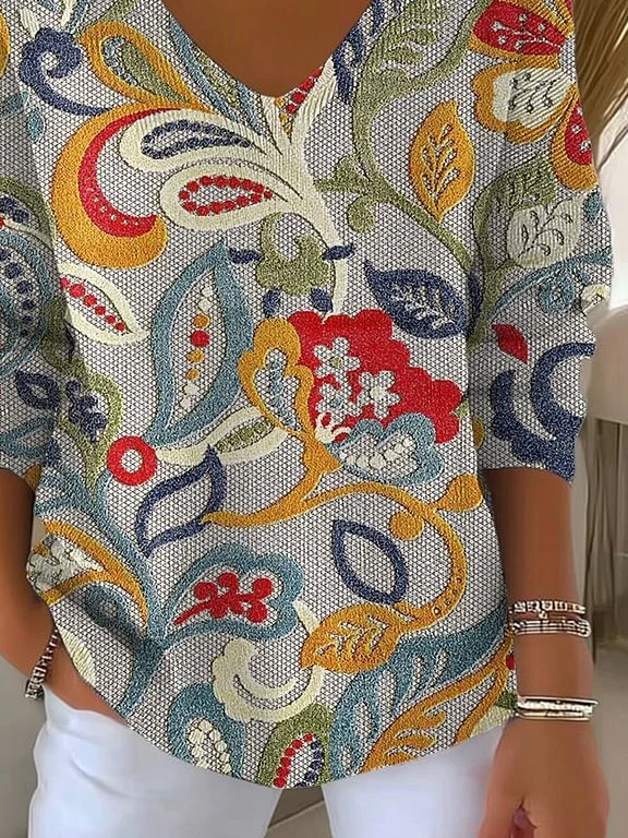Damen Geblümt Langarm T-Shirts T-Shirt V-Ausschnitt Print Lässig Frühling/Herbst Oberteile