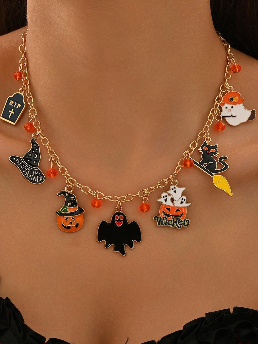 Neu Halloween Zubehör Nische Katze Geist Kürbis hochwertig Schmuck Schlüsselbein Kette Damen Pendant Licht Luxuriös Halskette