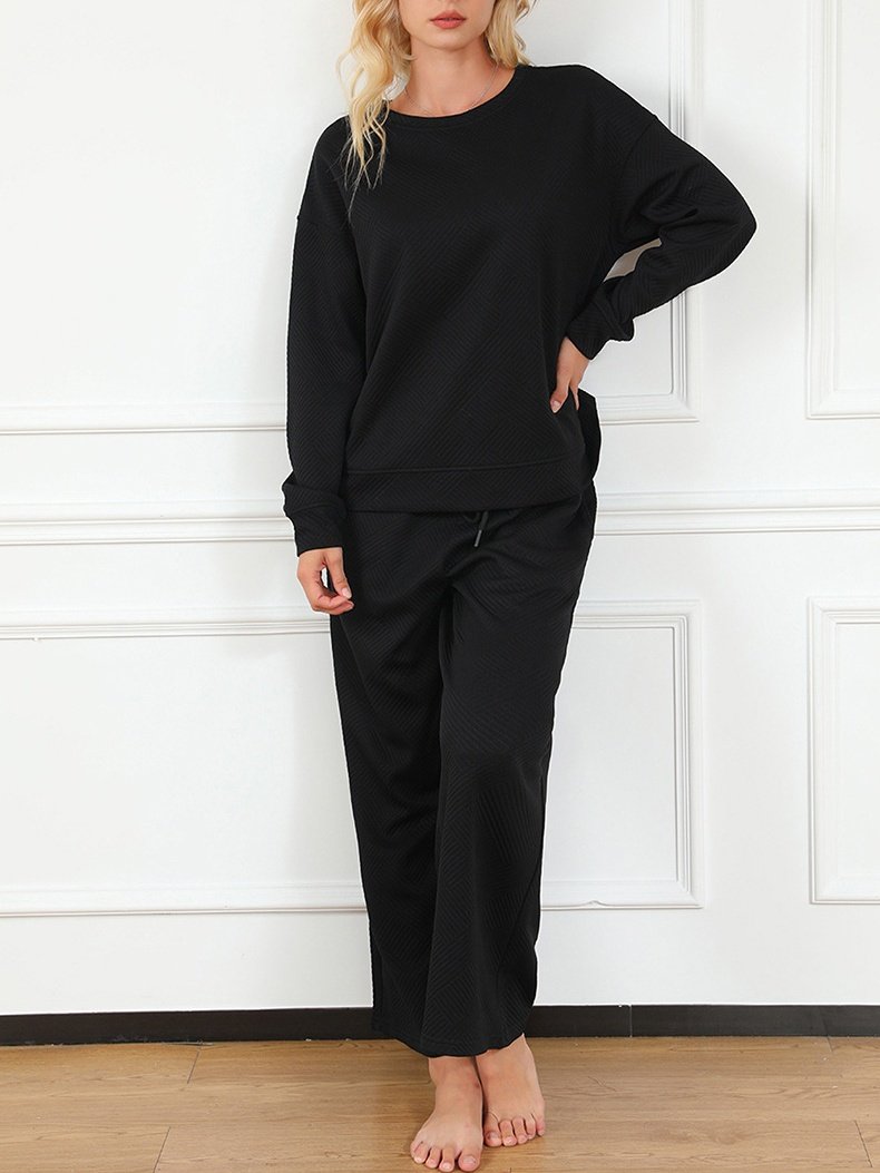 Damen Unifarben Nahtverarbeitung Zweiteiliges Set Täglich Langarm Lässig Frühling/Herbst Bluse mit Hose Matching Set