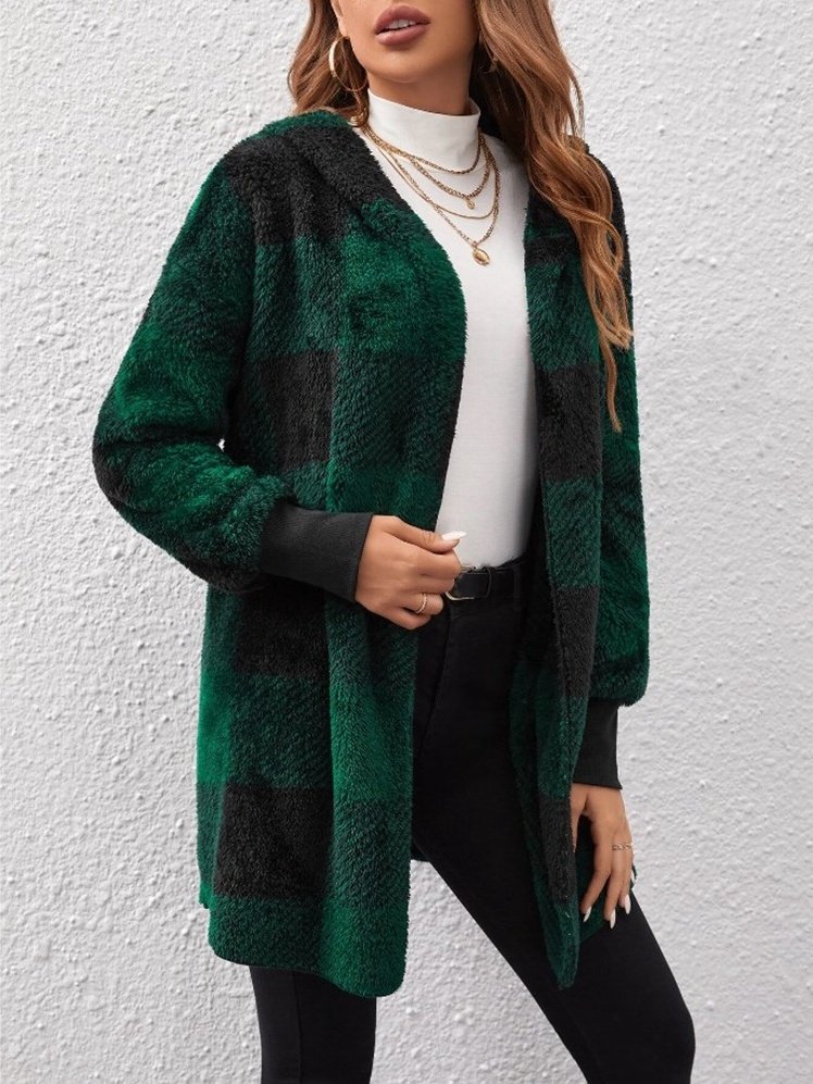 Damen Frühling/Herbst Oberbekleidung Retro Nahtverarbeitung Kariert Langarm Mit Kapuze Jacke