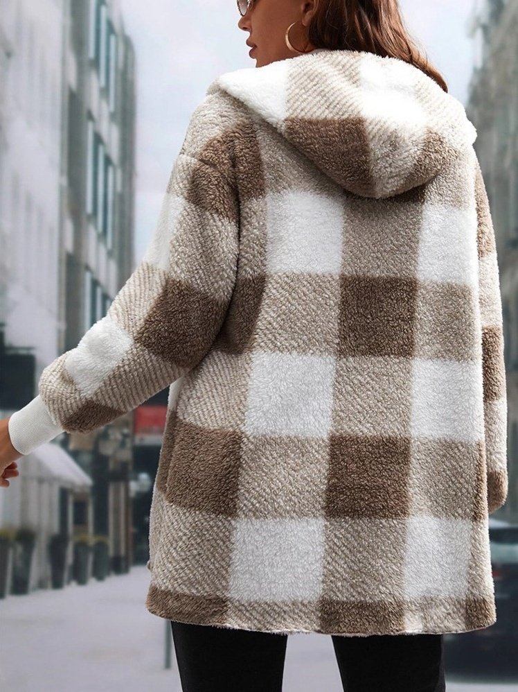 Damen Frühling/Herbst Oberbekleidung Retro Nahtverarbeitung Kariert Langarm Mit Kapuze Jacke