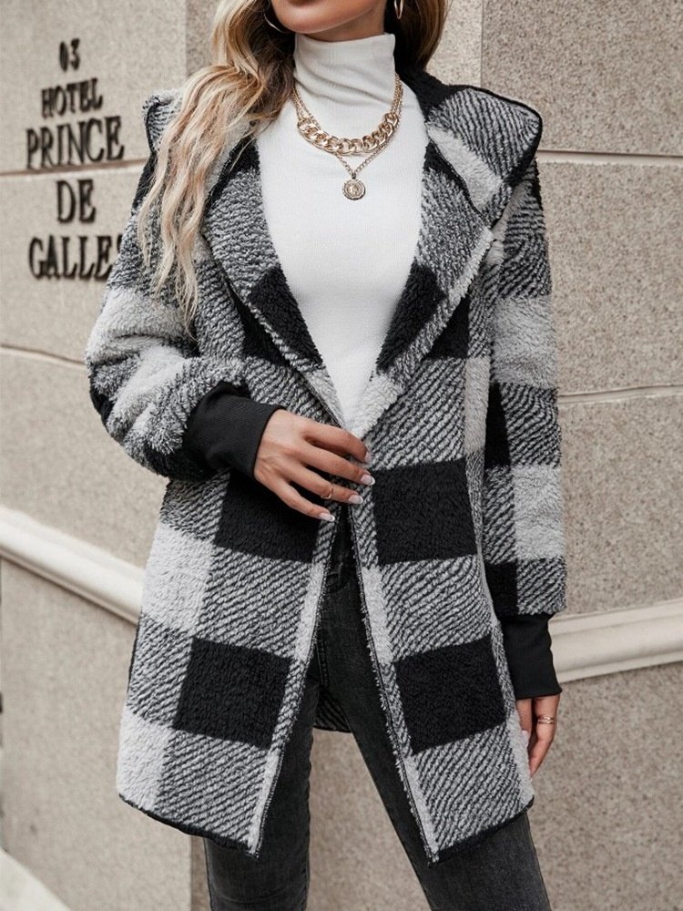 Damen Frühling/Herbst Oberbekleidung Retro Nahtverarbeitung Kariert Langarm Mit Kapuze Jacke