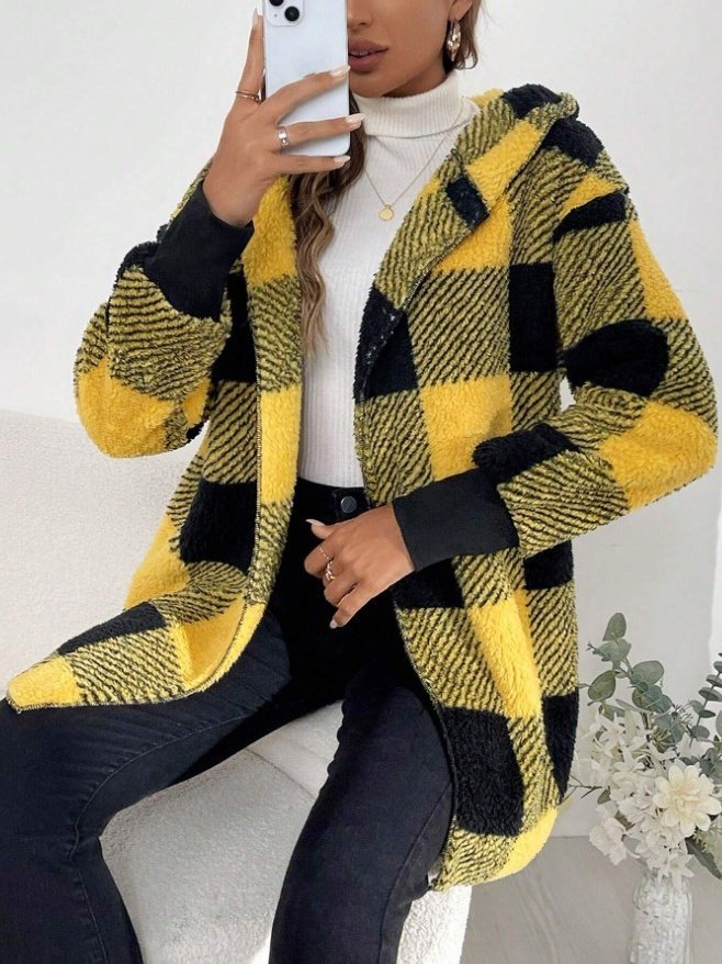 Damen Frühling/Herbst Oberbekleidung Retro Nahtverarbeitung Kariert Langarm Mit Kapuze Jacke