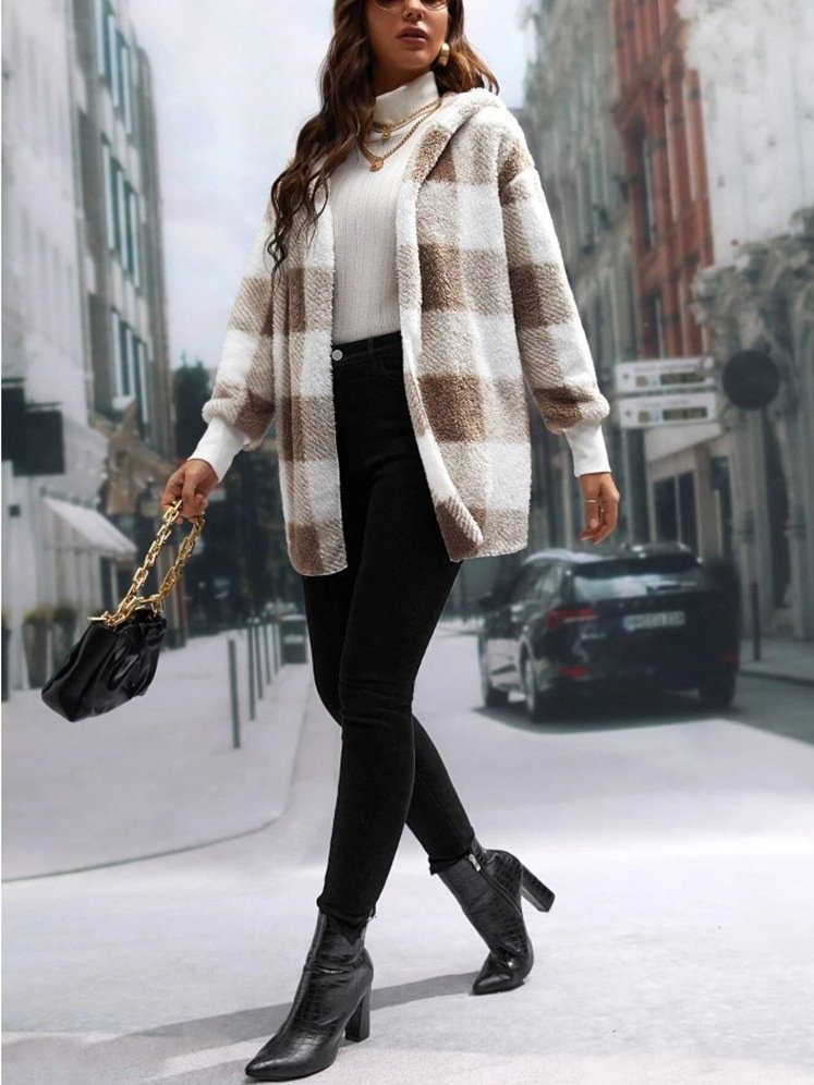 Damen Frühling/Herbst Oberbekleidung Retro Nahtverarbeitung Kariert Langarm Mit Kapuze Jacke