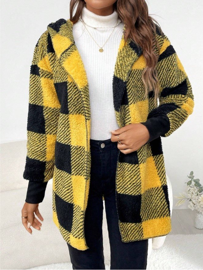Damen Frühling/Herbst Oberbekleidung Retro Nahtverarbeitung Kariert Langarm Mit Kapuze Jacke