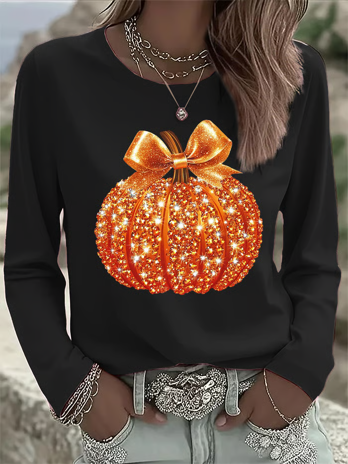 Damen Halloween (Kürbis) Langarm T-Shirts T-Shirt Rundhals Print Lässig Frühling/Herbst T-Shirt mit Grafik Oberteile