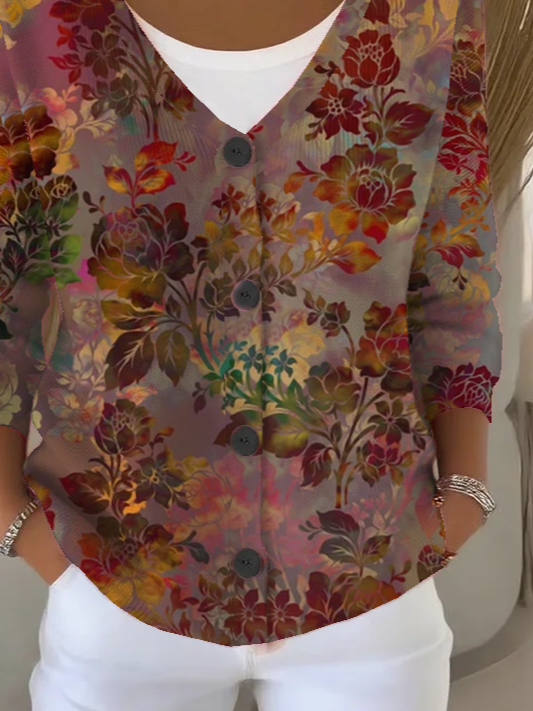 Damen Geblümt Langarm V-Ausschnitt Lässig Frühling/Herbst Strickjacke Oberbekleidung