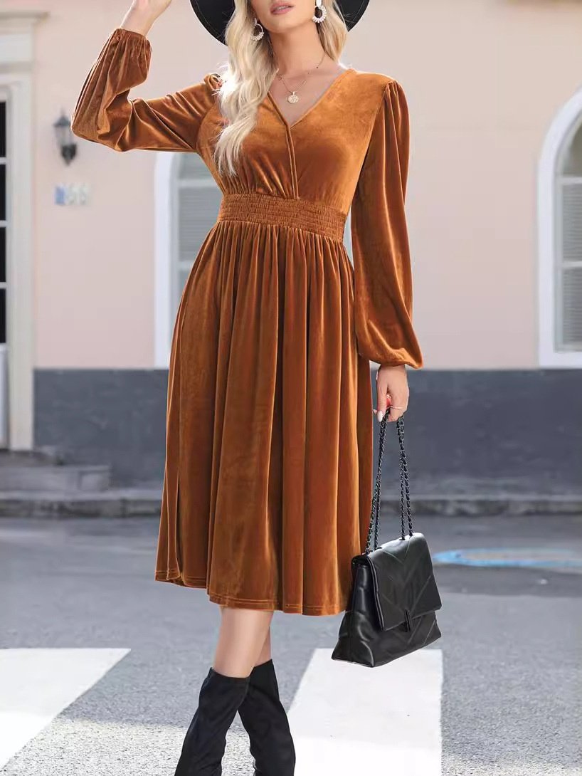 Damen Unifarben Langarm Frühling/Herbst Nahtverarbeitung Kleid V-Ausschnitt Täglich Retro Maxikleid T-Shirt-Kleid A-Linien-Kleid