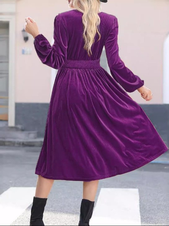 Damen Unifarben Langarm Frühling/Herbst Nahtverarbeitung Kleid V-Ausschnitt Täglich Retro Maxikleid T-Shirt-Kleid A-Linien-Kleid