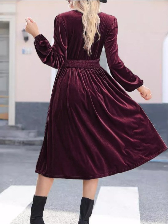Damen Unifarben Langarm Frühling/Herbst Nahtverarbeitung Kleid V-Ausschnitt Täglich Retro Maxikleid T-Shirt-Kleid A-Linien-Kleid