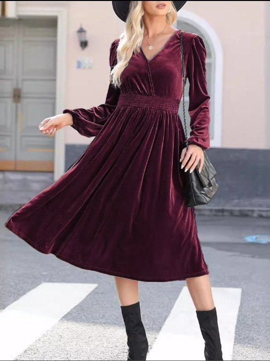 Damen Unifarben Langarm Frühling/Herbst Nahtverarbeitung Kleid V-Ausschnitt Täglich Retro Maxikleid T-Shirt-Kleid A-Linien-Kleid