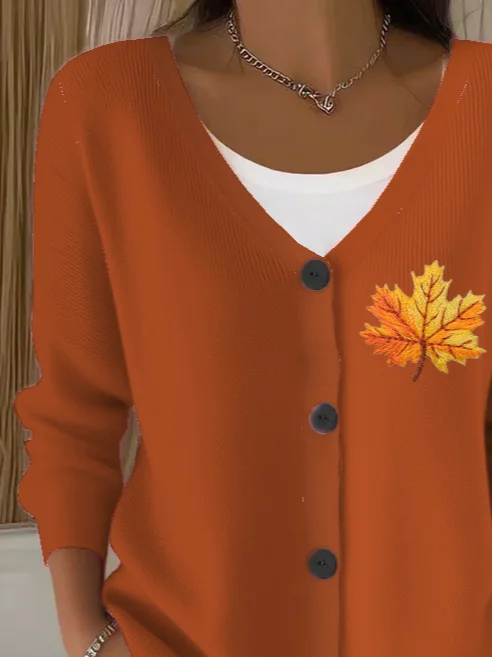 Damen Ahornblatt Langarm V-Ausschnitt Lässig Frühling/Herbst Strickjacke Oberbekleidung