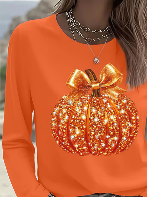 Damen Halloween (Kürbis) Langarm T-Shirts T-Shirt Rundhals Print Lässig Frühling/Herbst T-Shirt mit Grafik Oberteile