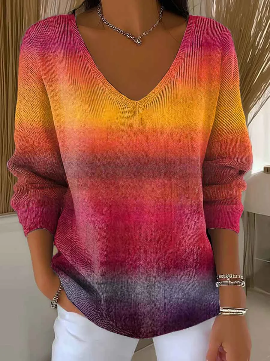 Damen Farbverlauf Frühling/Herbst Lässig Langarm V-Ausschnitt Baumwolle Pullover