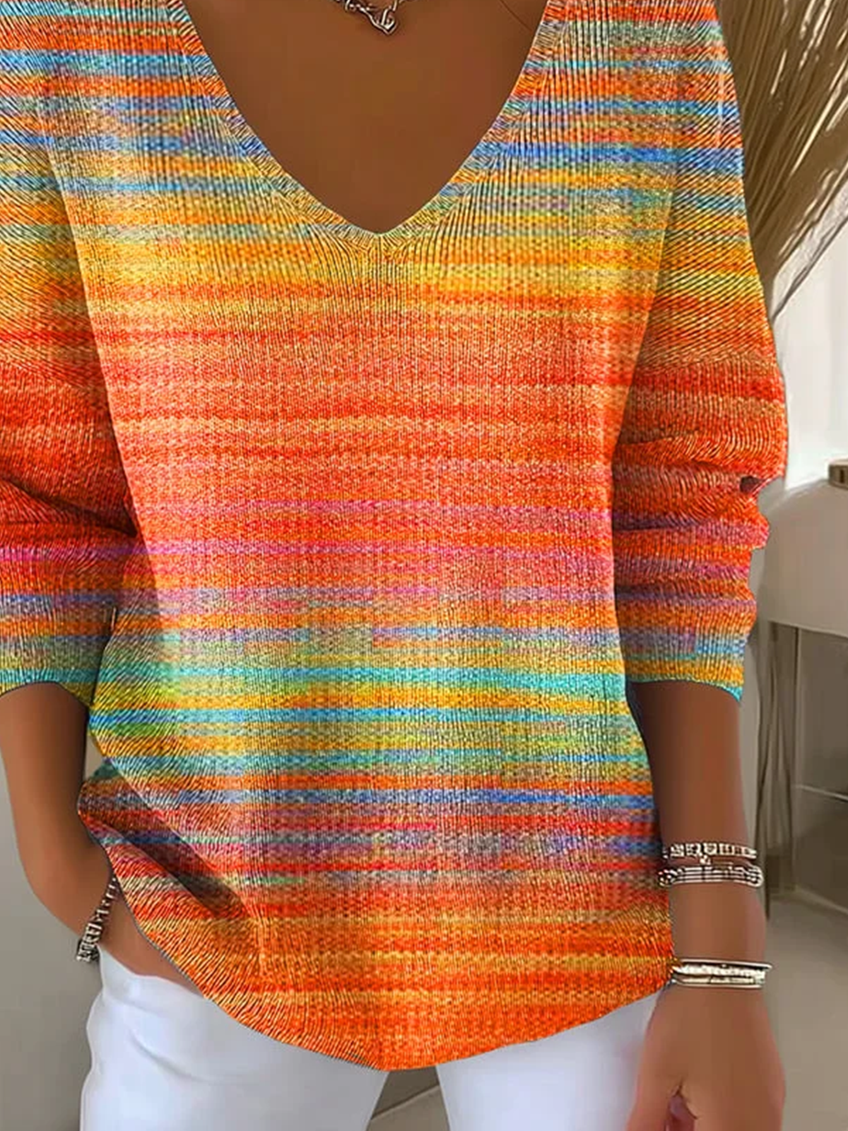 Damen Farbverlauf Frühling/Herbst Lässig Langarm V-Ausschnitt Baumwolle Pullover