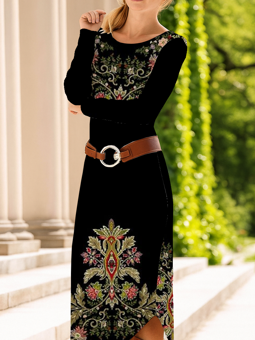Damen Geblümt Langarm Frühling/Herbst Kleid Rundhals Täglich Lässig Midi T-Shirt-Kleid A-Linien-Kleid