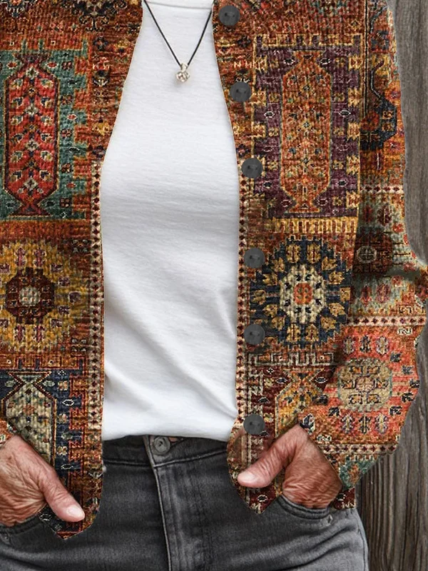 Damen Abstrakt Print Langarm Rundhals Retro Frühling/Herbst Strickjacke Oberbekleidung