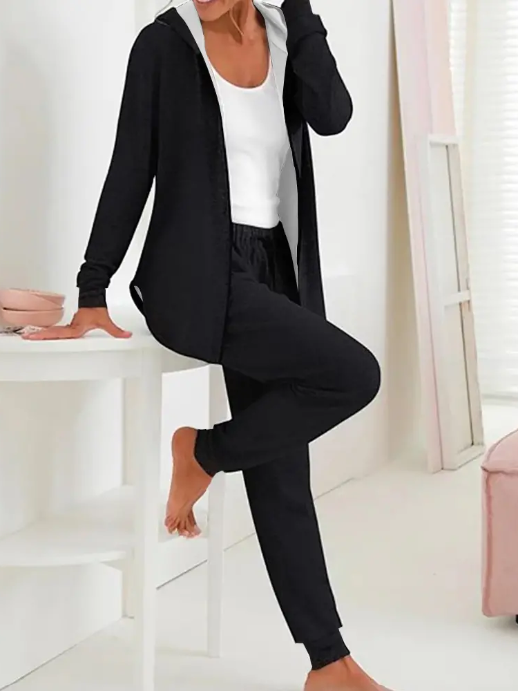 Damen Unifarben Tunnelzug Zweiteiliges Set Täglich Langarm Lässig Frühling/Herbst Mantel mit Hosen Matching Set