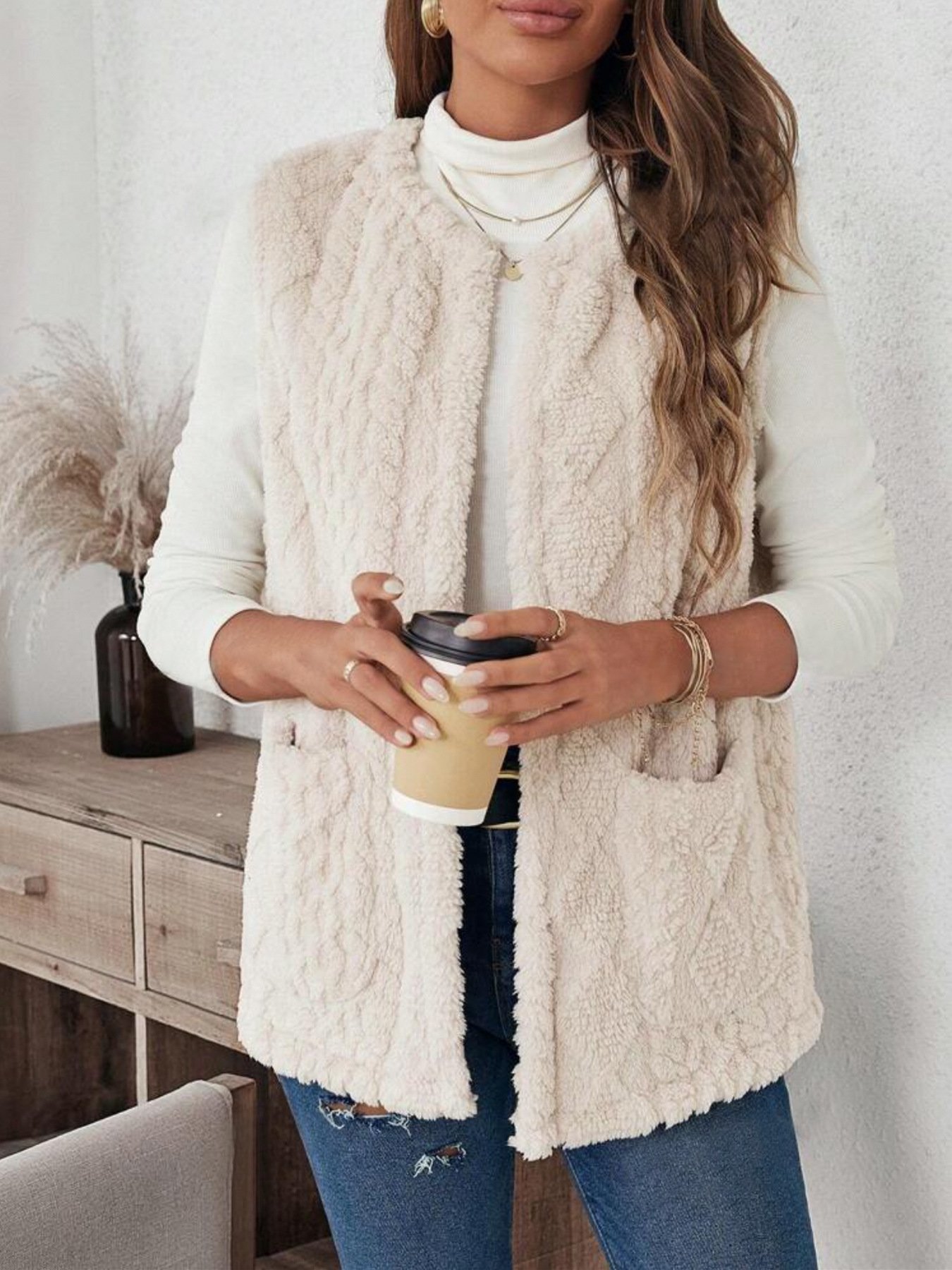 Geprägt Straße Unifarben Regelmäßige Passform Doppelseitig Kragenlos Plüsch Tasche Lässig Strickjacke Tanktop