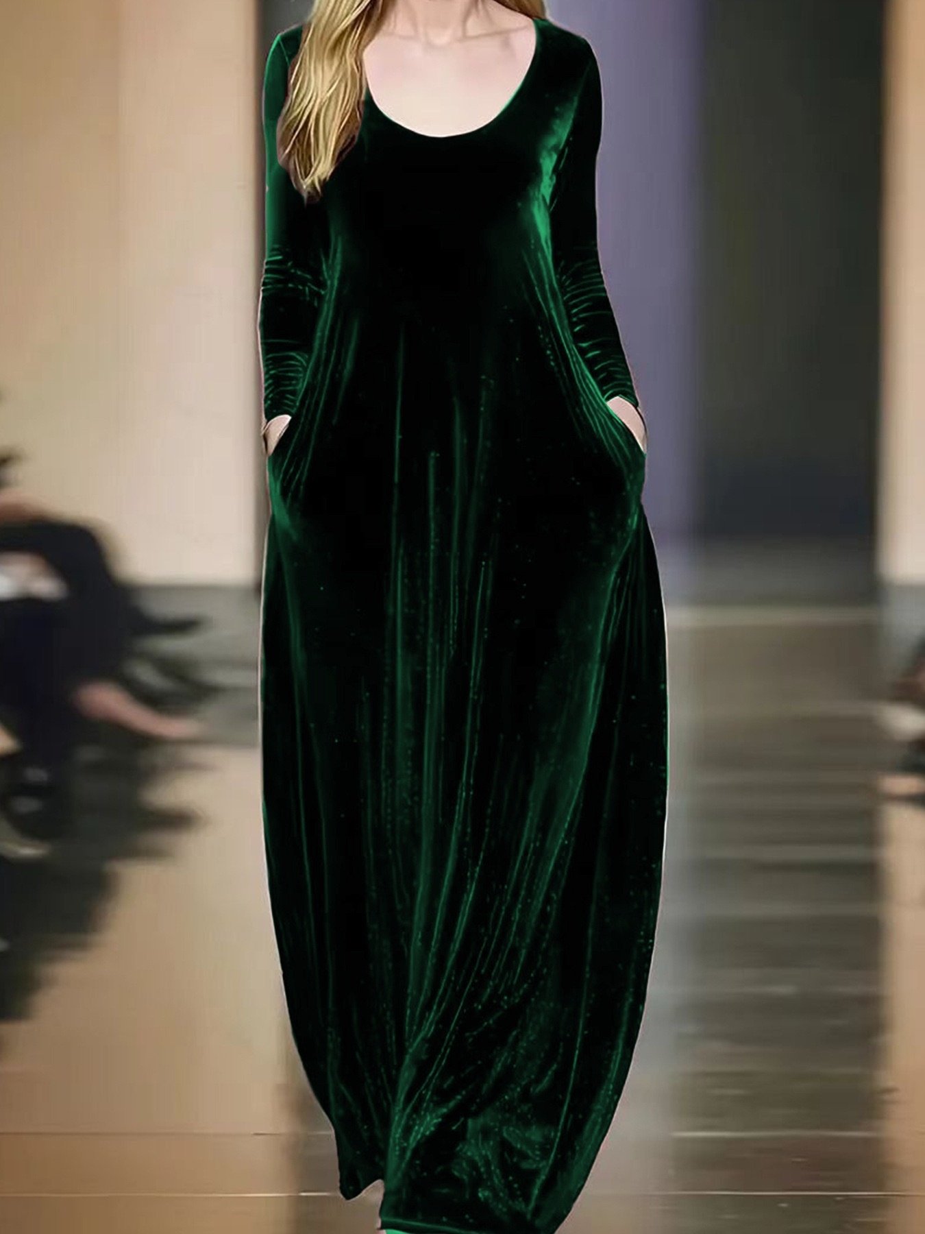 Damen Unifarben Langarm Frühling/Herbst Nahtverarbeitung Kleid Rundhals Täglich Retro Maxikleid Samt A-Linien-Kleid