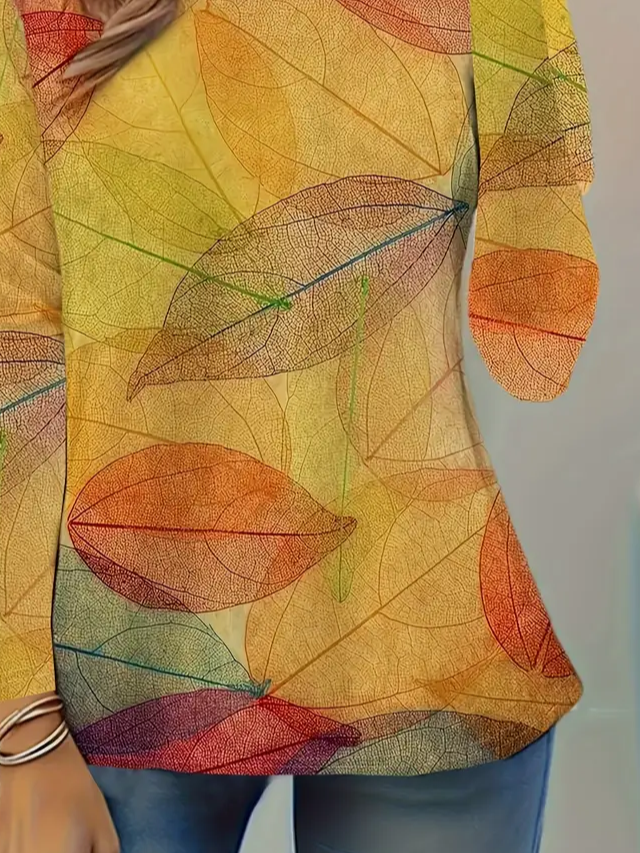 Damen Blätter Langarm T-Shirts T-Shirt Rundhals Lässig Frühling/Herbst Tunika Oberteile