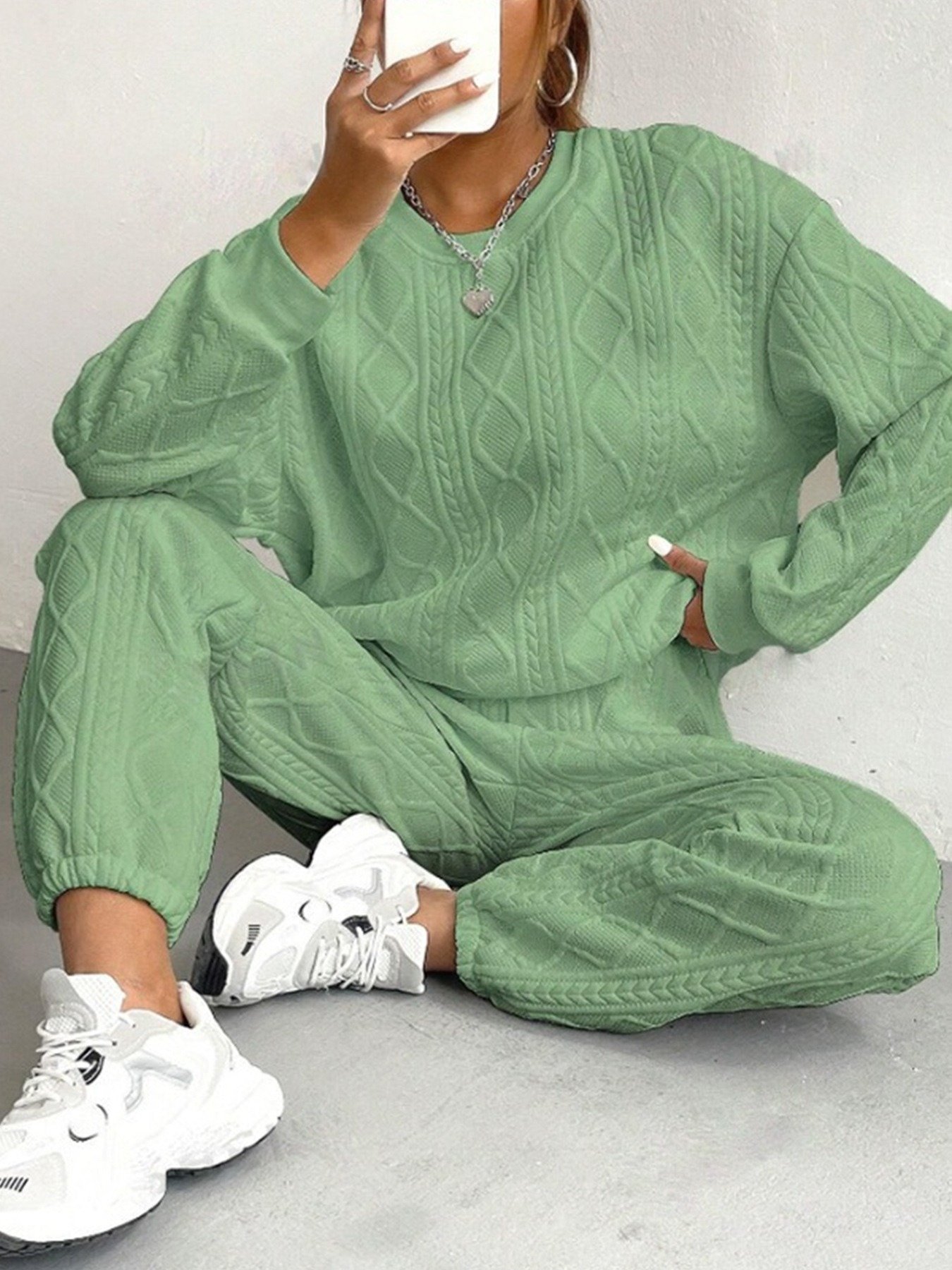 Damen Unifarben Geprägt Zweiteiliges Set Täglich Langarm Lässig Frühling/Herbst Bluse mit Hose Matching Set