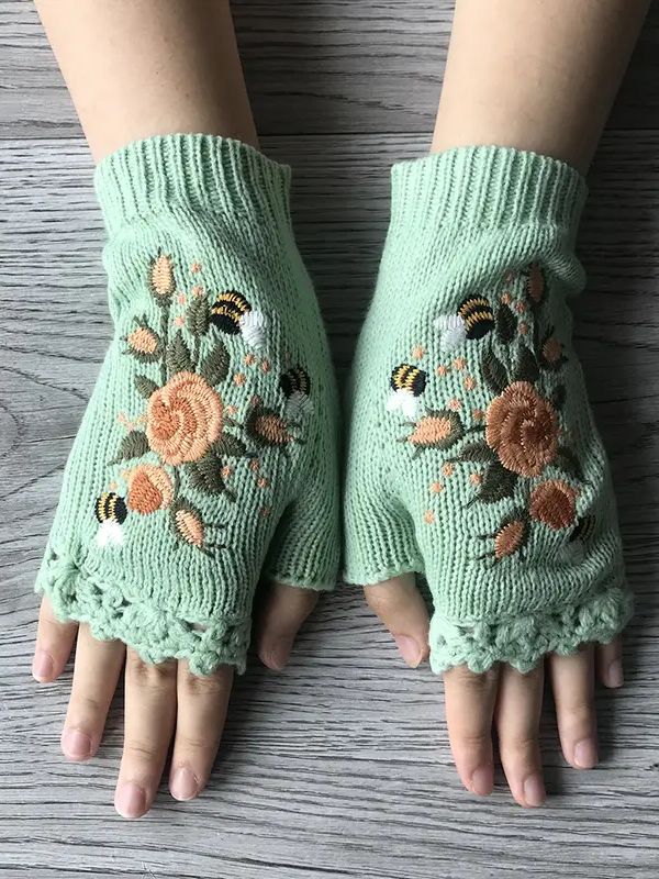 Gestrickt Böhmisch Geblümt Herbst und Winter ins Bestickt Damen Warm Handschuhe Biene Blume Erwachsene Gestrickt Handschuhe Bestickt Wolle Handschuhe