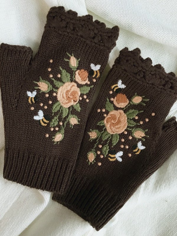 Gestrickt Böhmisch Geblümt Herbst und Winter ins Bestickt Damen Warm Handschuhe Biene Blume Erwachsene Gestrickt Handschuhe Bestickt Wolle Handschuhe