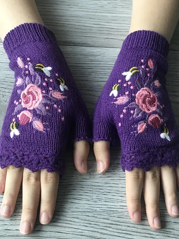 Gestrickt Böhmisch Geblümt Herbst und Winter ins Bestickt Damen Warm Handschuhe Biene Blume Erwachsene Gestrickt Handschuhe Bestickt Wolle Handschuhe