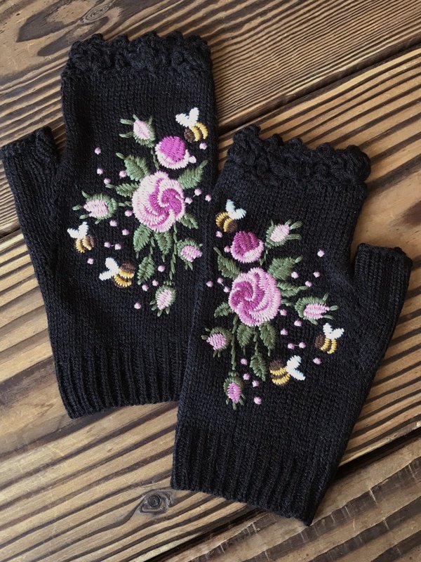 Gestrickt Böhmisch Geblümt Herbst und Winter ins Bestickt Damen Warm Handschuhe Biene Blume Erwachsene Gestrickt Handschuhe Bestickt Wolle Handschuhe
