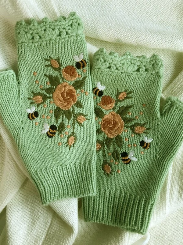 Gestrickt Böhmisch Geblümt Herbst und Winter ins Bestickt Damen Warm Handschuhe Biene Blume Erwachsene Gestrickt Handschuhe Bestickt Wolle Handschuhe