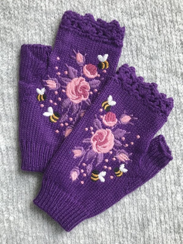 Gestrickt Böhmisch Geblümt Herbst und Winter ins Bestickt Damen Warm Handschuhe Biene Blume Erwachsene Gestrickt Handschuhe Bestickt Wolle Handschuhe