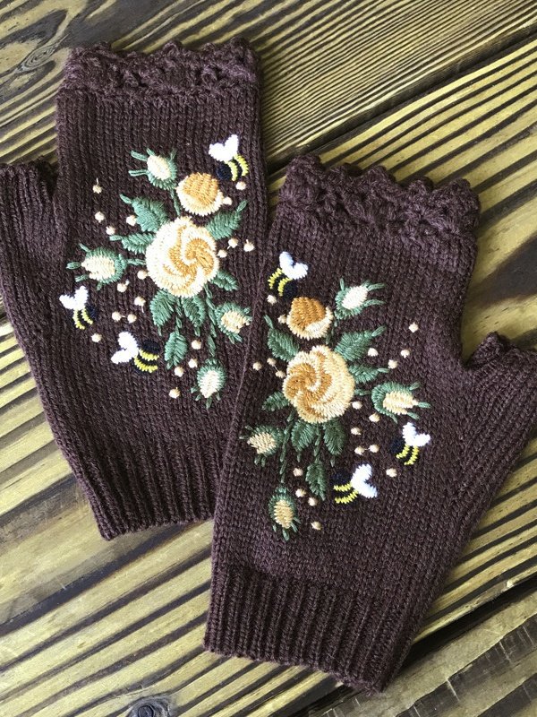 Gestrickt Böhmisch Geblümt Herbst und Winter ins Bestickt Damen Warm Handschuhe Biene Blume Erwachsene Gestrickt Handschuhe Bestickt Wolle Handschuhe