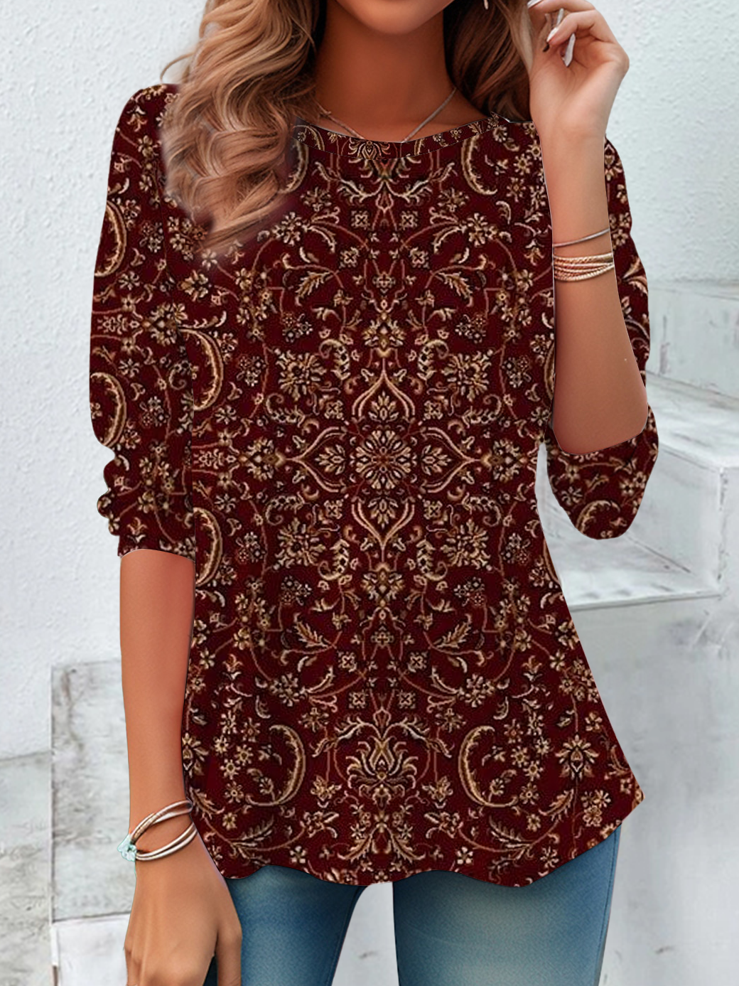 Damen Geblümt Langarm T-Shirts T-Shirt Rundhals Lässig Frühling/Herbst Tunika Oberteile
