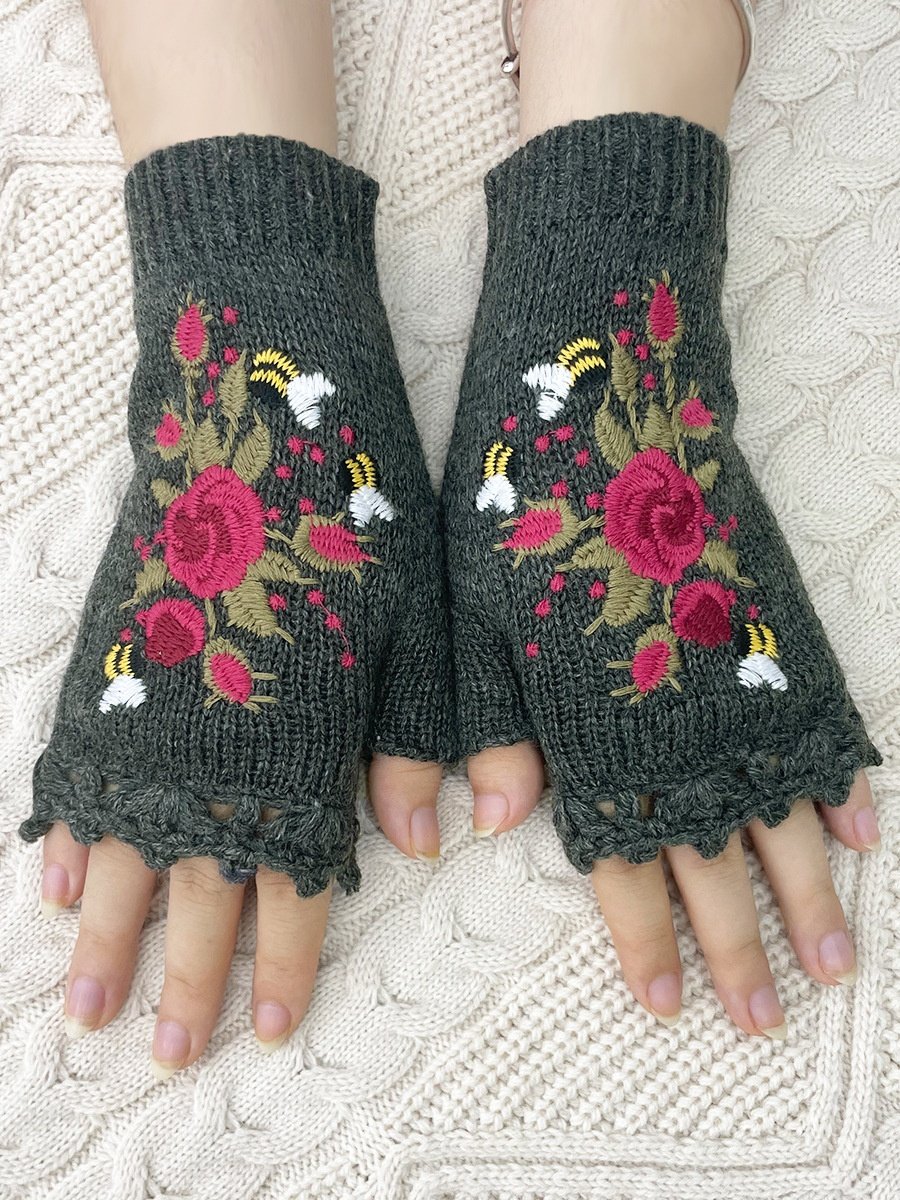 Gestrickt Böhmisch Geblümt Herbst und Winter ins Bestickt Damen Warm Handschuhe Biene Blume Erwachsene Gestrickt Handschuhe Bestickt Wolle Handschuhe