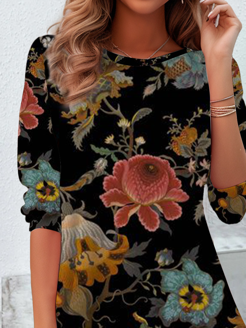 Damen Geblümt Langarm T-Shirts T-Shirt Rundhals Lässig Frühling/Herbst Tunika Oberteile