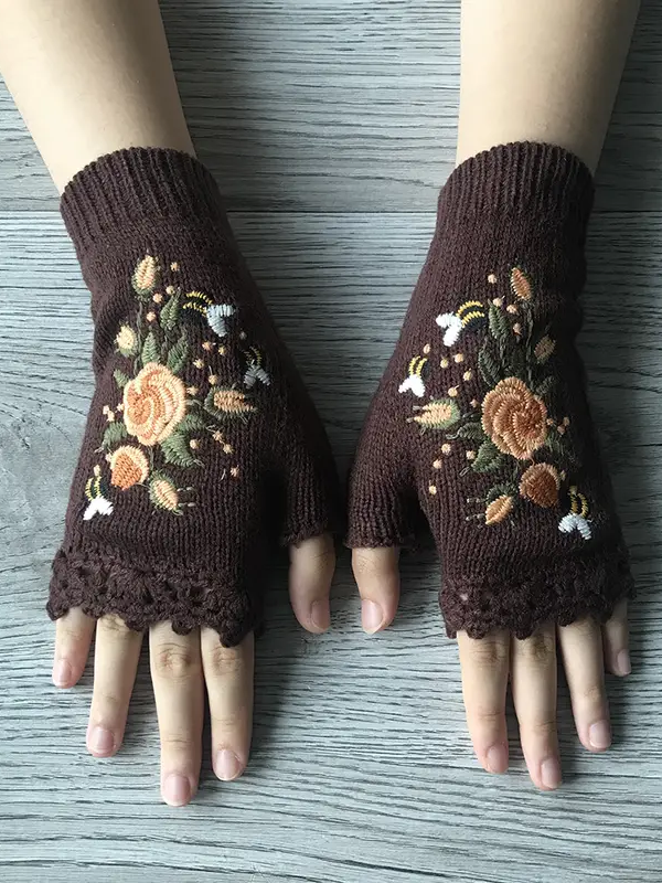 Gestrickt Böhmisch Geblümt Herbst und Winter ins Bestickt Damen Warm Handschuhe Biene Blume Erwachsene Gestrickt Handschuhe Bestickt Wolle Handschuhe