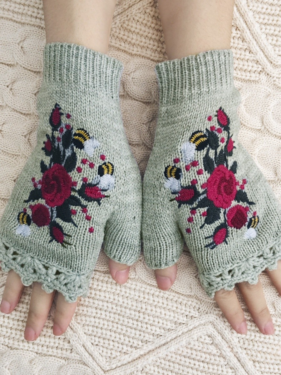 Gestrickt Böhmisch Geblümt Herbst und Winter ins Bestickt Damen Warm Handschuhe Biene Blume Erwachsene Gestrickt Handschuhe Bestickt Wolle Handschuhe