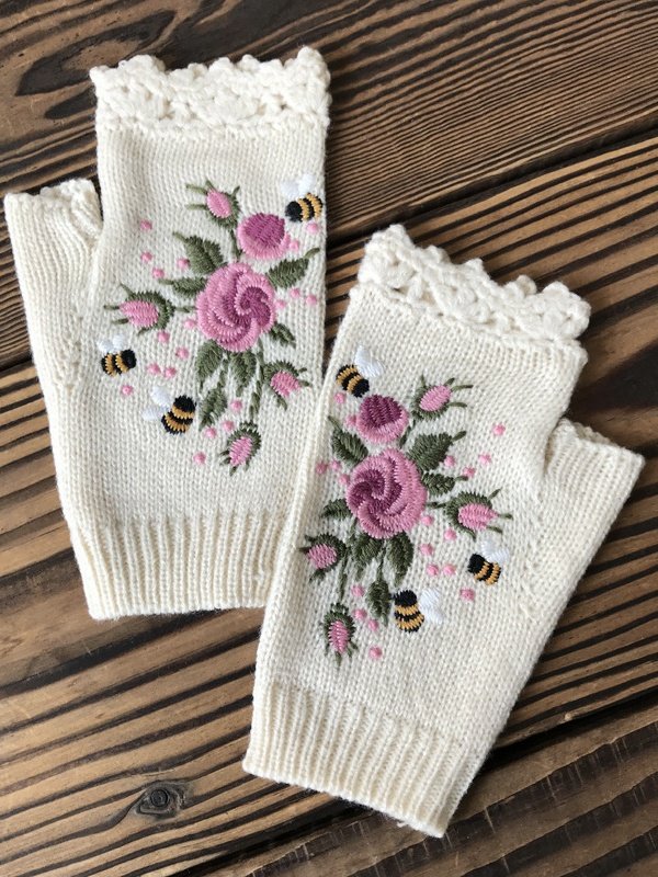 Gestrickt Böhmisch Geblümt Herbst und Winter ins Bestickt Damen Warm Handschuhe Biene Blume Erwachsene Gestrickt Handschuhe Bestickt Wolle Handschuhe