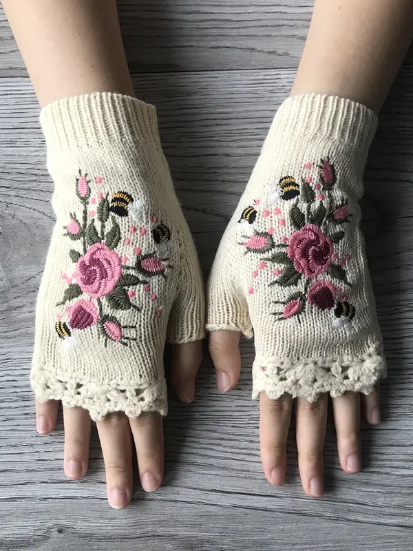 Gestrickt Böhmisch Geblümt Herbst und Winter ins Bestickt Damen Warm Handschuhe Biene Blume Erwachsene Gestrickt Handschuhe Bestickt Wolle Handschuhe