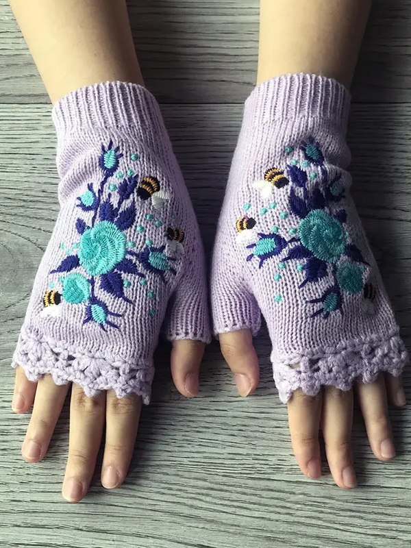 Gestrickt Böhmisch Geblümt Herbst und Winter ins Bestickt Damen Warm Handschuhe Biene Blume Erwachsene Gestrickt Handschuhe Bestickt Wolle Handschuhe