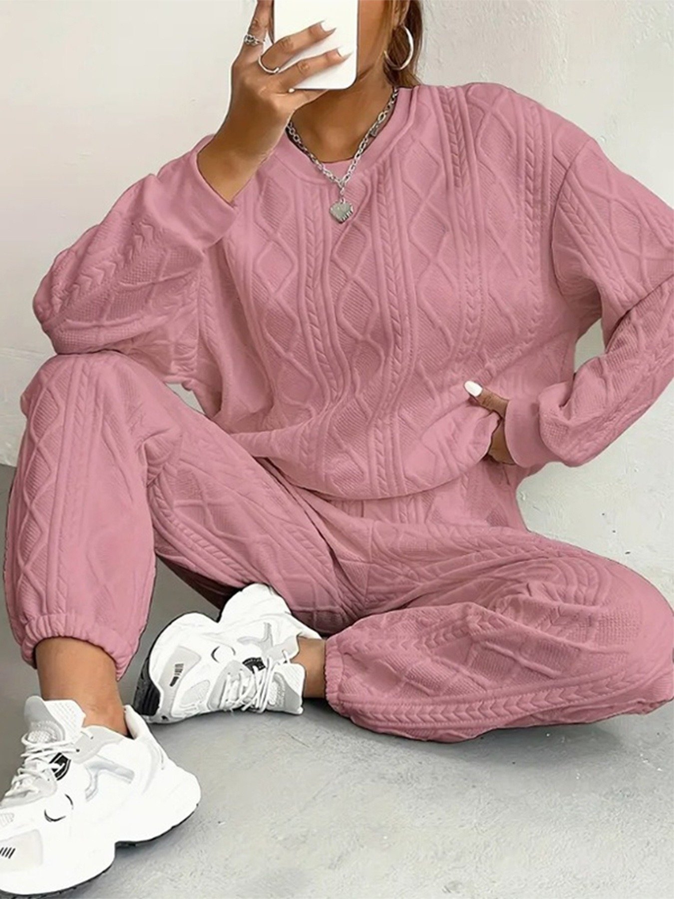 Damen Unifarben Geprägt Zweiteiliges Set Täglich Langarm Lässig Frühling/Herbst Bluse mit Hose Matching Set
