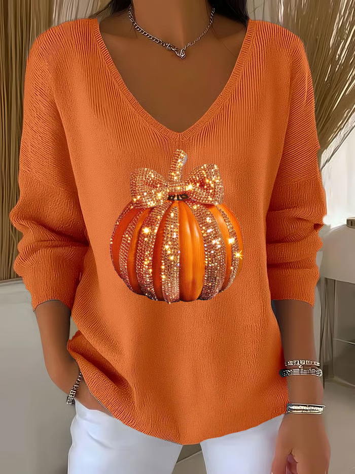 Damen Halloween (Kürbis) Langarm T-Shirts T-Shirt V-Ausschnitt Print Lässig Frühling/Herbst Oberteile