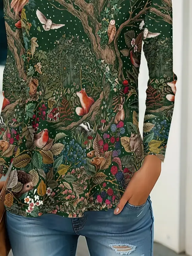 Damen Geblümt Langarm T-Shirts T-Shirt Rundhals Print Lässig Frühling/Herbst T-Shirt mit Grafik Oberteile