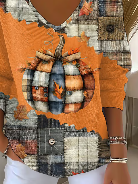 Damen Halloween (Kürbis) Langarm T-Shirts T-Shirt V-Ausschnitt Print Lässig Frühling/Herbst Oberteile