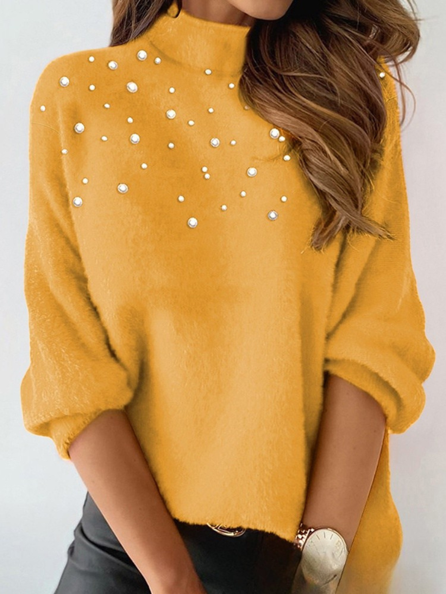 Damen Unifarben Perlen Winter Straße Langarm Rundhals Pullover