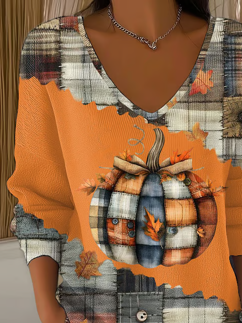 Damen Halloween (Kürbis) Langarm T-Shirts T-Shirt V-Ausschnitt Print Lässig Frühling/Herbst Oberteile