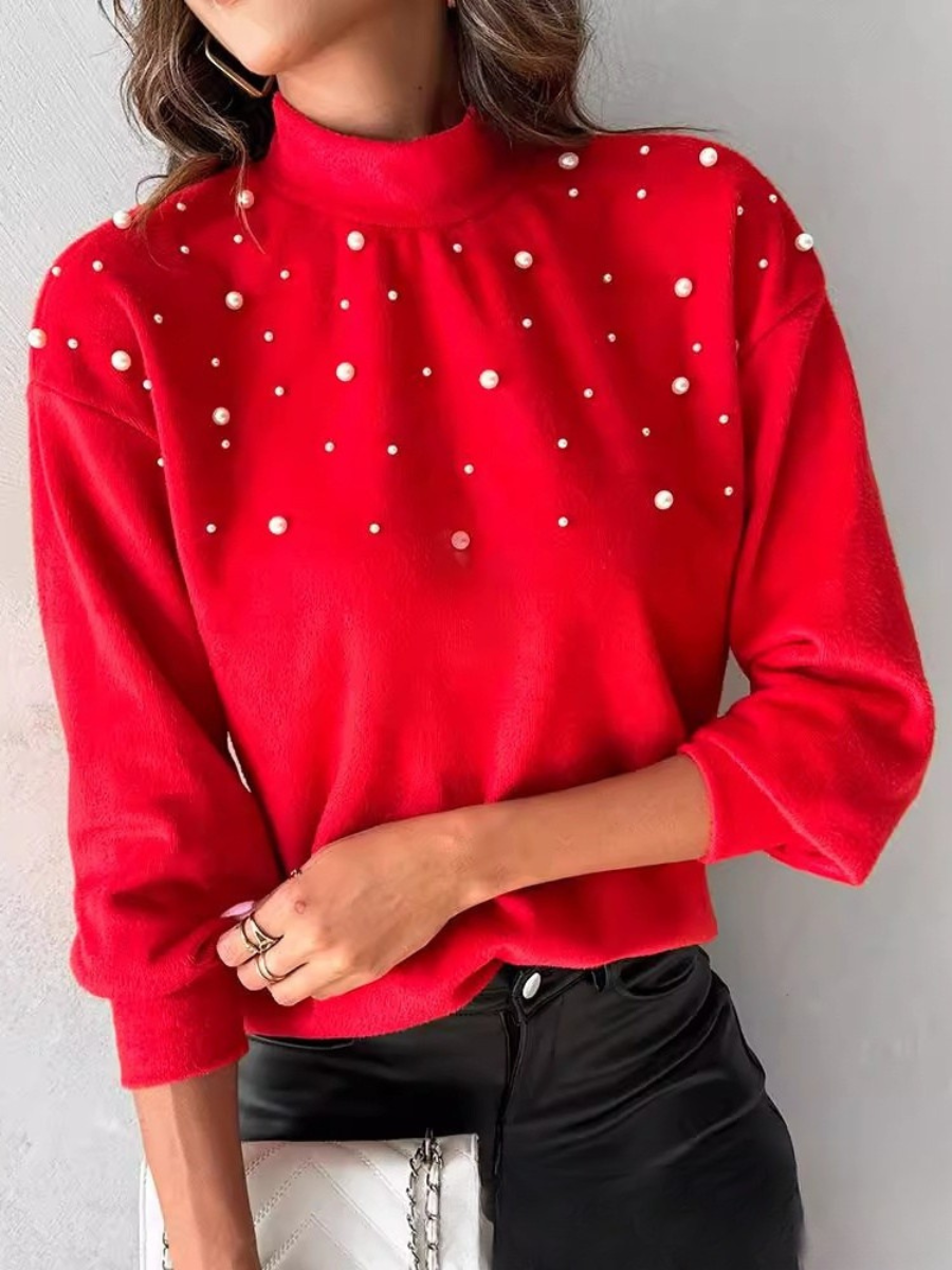 Damen Unifarben Perlen Winter Straße Langarm Rundhals Pullover