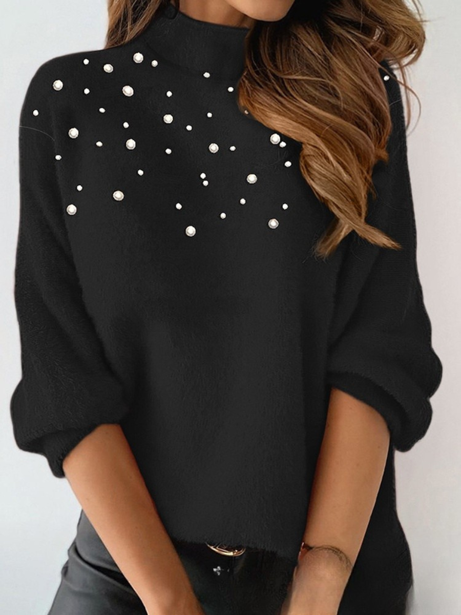 Damen Unifarben Perlen Winter Straße Langarm Rundhals Pullover