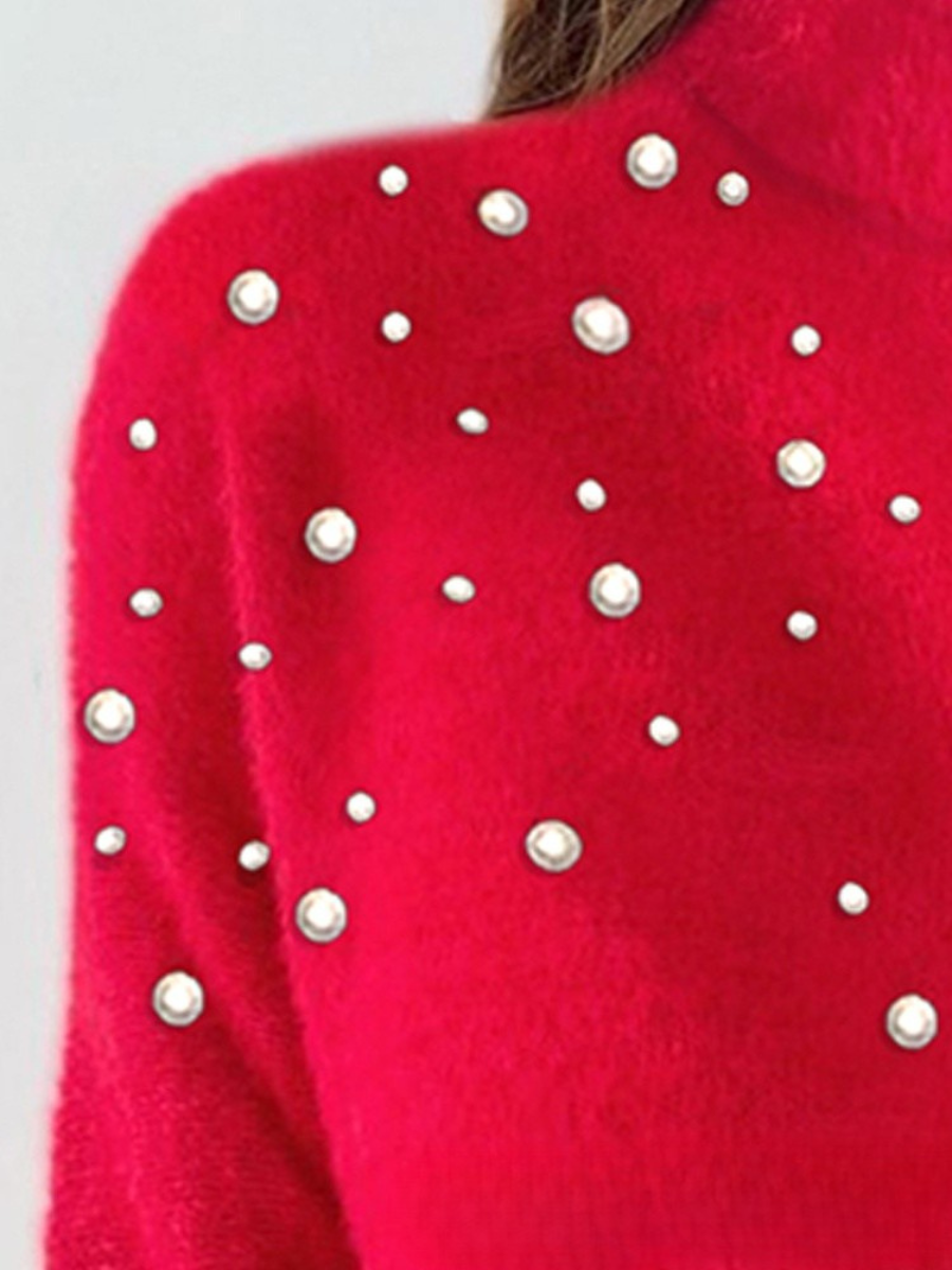 Damen Unifarben Perlen Winter Straße Langarm Rundhals Pullover